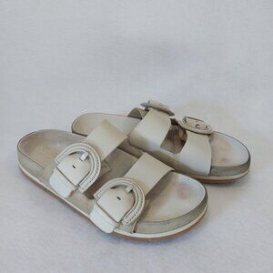 Vince Glyn Slide Sandals Womens 7.5 Beige Ivory Leather Suede Double Buckle Flat